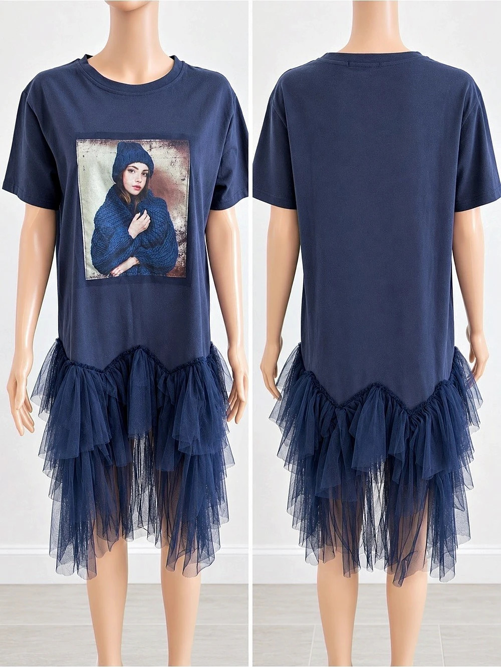 Graphic Tulle Midi Dress in Blue NWOT